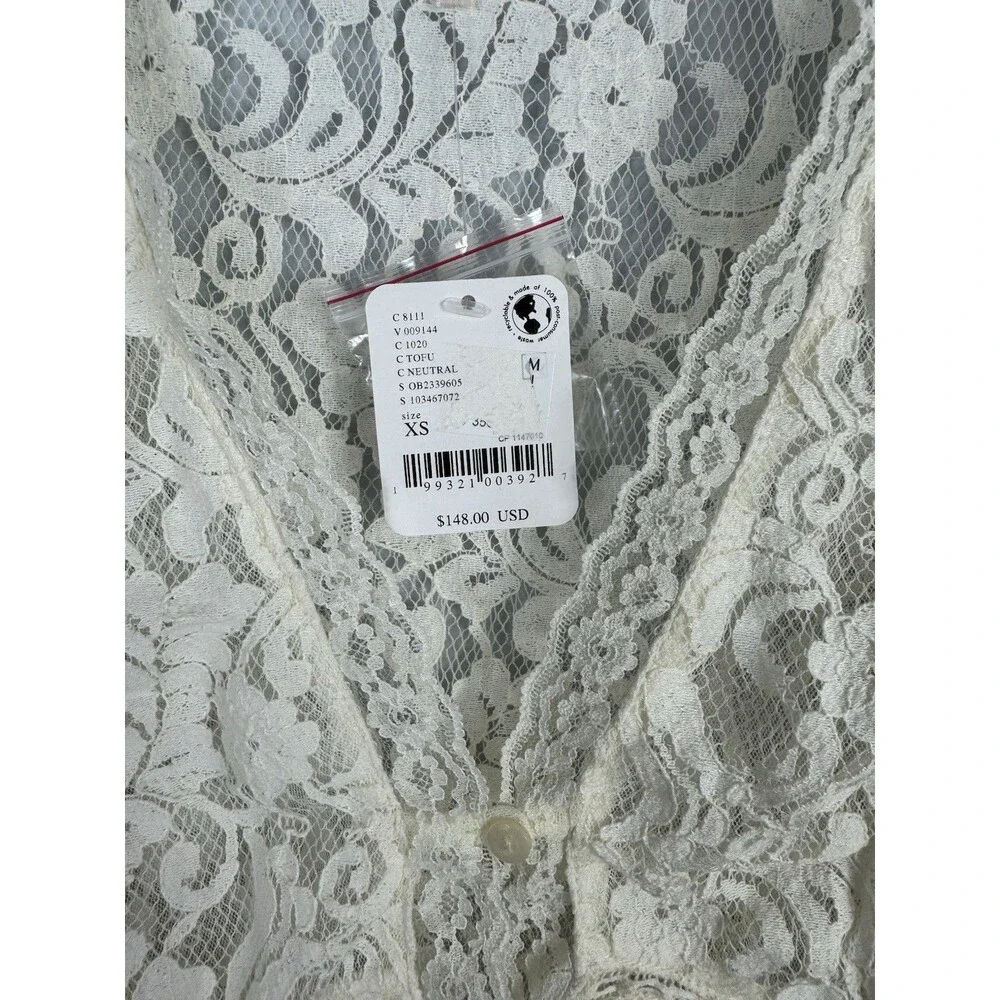 NWT Free People XS Ivory Lace Long Sleeve V-Neck Top Feminine Coquette Boho